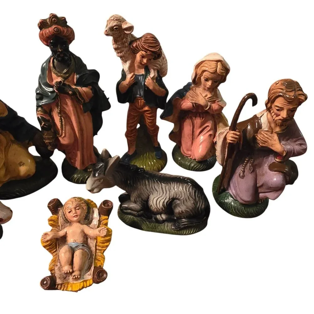 Vtg Italy Nativity Hand Painted Resin Figurine Mary Joseph Shepherd Jesus 9pc